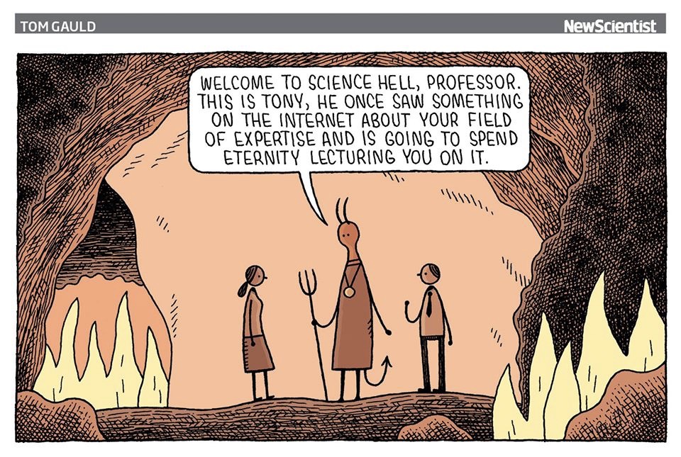 Cartoon van Tom Gauld in NewScientst. Duivel zegt tegen nieuwkomer: "Welcome to science hell, professor. This is Tony, he once saw something on the internet about your field of expertise and is going to spend eternity lecturing you on it."